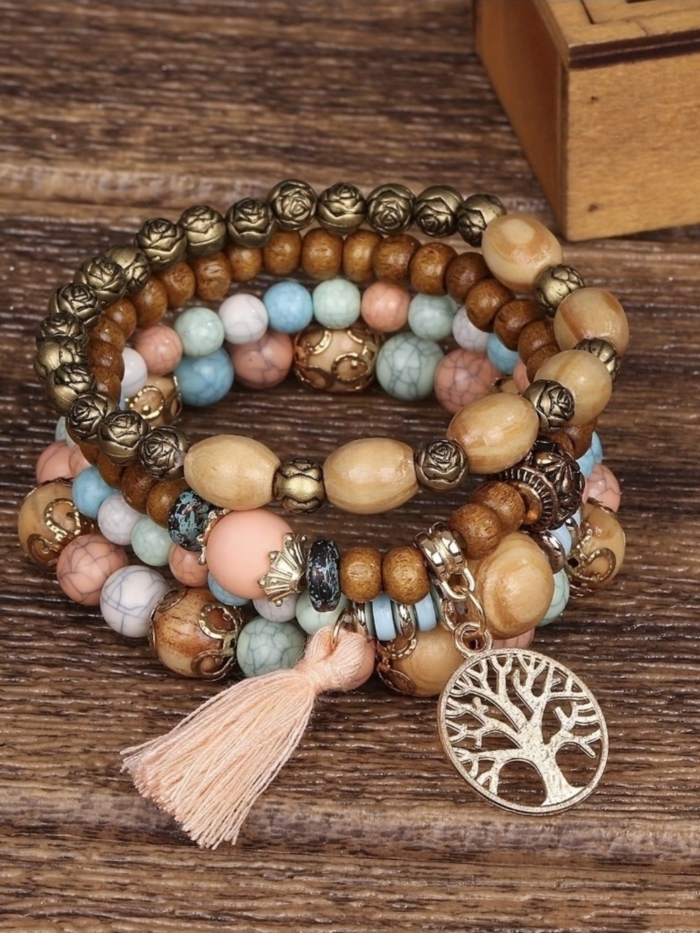 4pcs/set Bohemian Vintage Multicolor Wood Beaded Tassel Elastic Bracelet